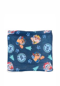 Gaiter en tissu bleu présentant des personnages de chiens de dessin anim�é, des empreintes de pattes et des logos circulaires. Texture douce avec des graphiques ludiques et des accents verts.