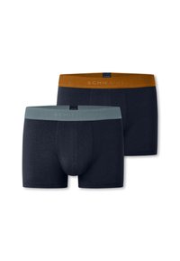 Donkerblauwe boxershort met lichtblauwe en bordeauxrode elastische taillebanden. Zacht, glad materiaal zonder zichtbare patronen of accenten.