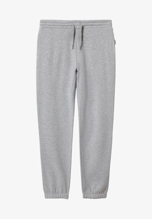 Pantalon de survêtement gris clair avec taille élastique, cordon ajustable et poignets élastiques aux chevilles, fabriqué en tissu doux.