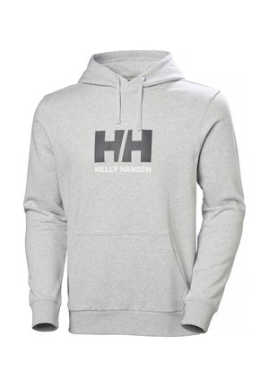 Lichtgrijze Helly Hansen hoodie met een kangaroo zak aan de voorkant, een capuchon met trekkoord, en een gedurfd zwart "HH" logo boven de merknaam op de borst.