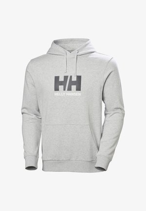 Sudadera con capucha de color gris claro Helly Hansen con bolsillo tipo canguro en el frente, capucha con cordón y un llamativo logo negro "HH" sobre el nombre de la marca en el pecho.