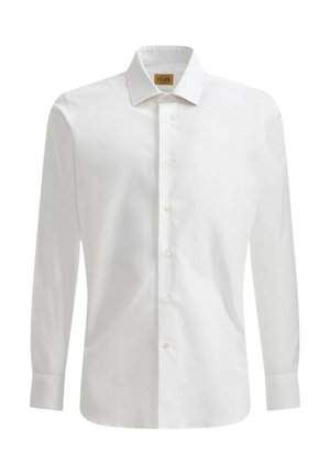 Camicia bianca a maniche lunghe realizzata in tessuto liscio, con colletto a punta, chiusura frontale con bottoni e polsini con un bottone.