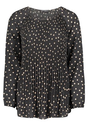 Blusa nera a maniche lunghe con pois beige e pannello frontale plissettato, con scollo rotondo e polsini elastici.