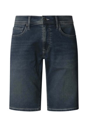 Short en denim bleu foncé avec poches avant, passants pour ceinture, fermeture par bouton et coutures visibles.