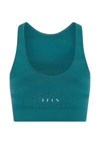 Teal sportbeha met een geribbelde textuur, ronde halslijn en uitsnijdingen. Beschikt over een soepele elastische band en een minimalistisch ontwerp.