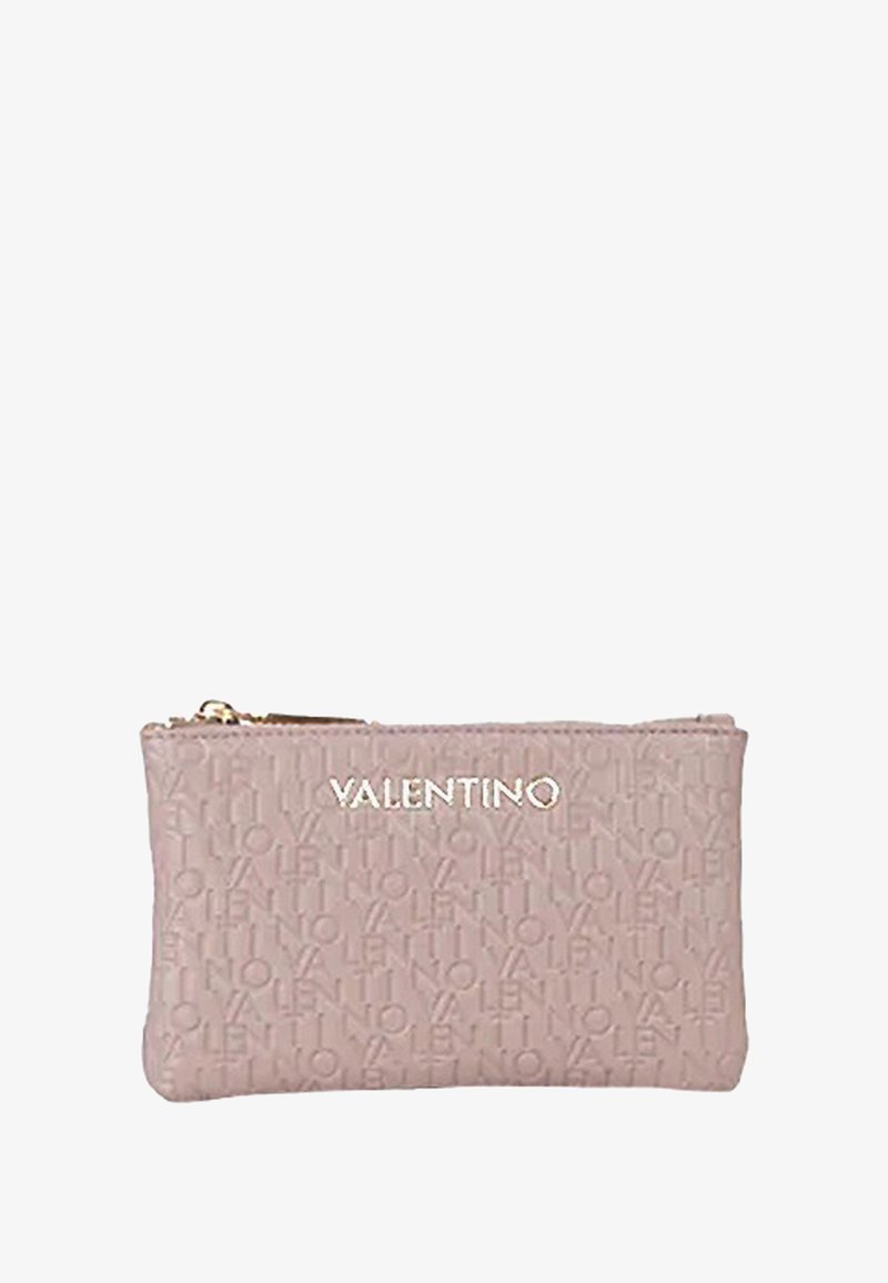 Borsetta con zip Valentino in morbida pelle rosa, decorata con il motivo del nome del marchio a rilievo, con logo in tono oro e texture liscia.