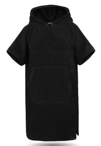 Schwarzer, kapuzenponcho aus plüschigem Stoff mit kurzen Ärmeln, einer Fronttasche und einem dezenten Logodetail. Weiche Textur mit lockerer Passform.