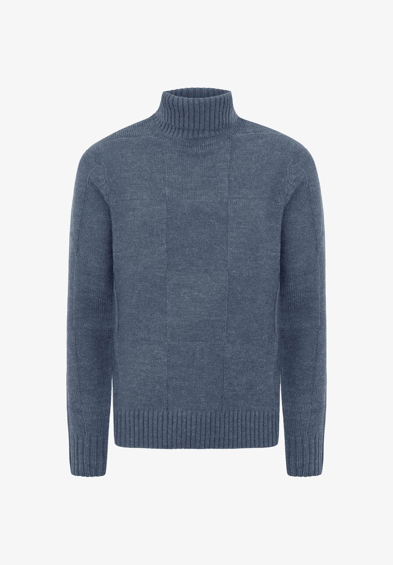 Light blue turtleneck sweater made of textured knit fabric. Features ribbed cuffs and hem, with a smooth, structured design.