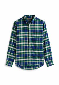 Camisa de franela en patrón a cuadros en azul, verde y blanco, con cuello abotonado, mangas largas y un solo bolsillo en el pecho. Textura suave.