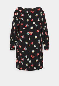 Zwart knie-lange jurk met een bloemenprint in rood, wit, blauw en groen. Heeft lange mouwen en een ronde halslijn.