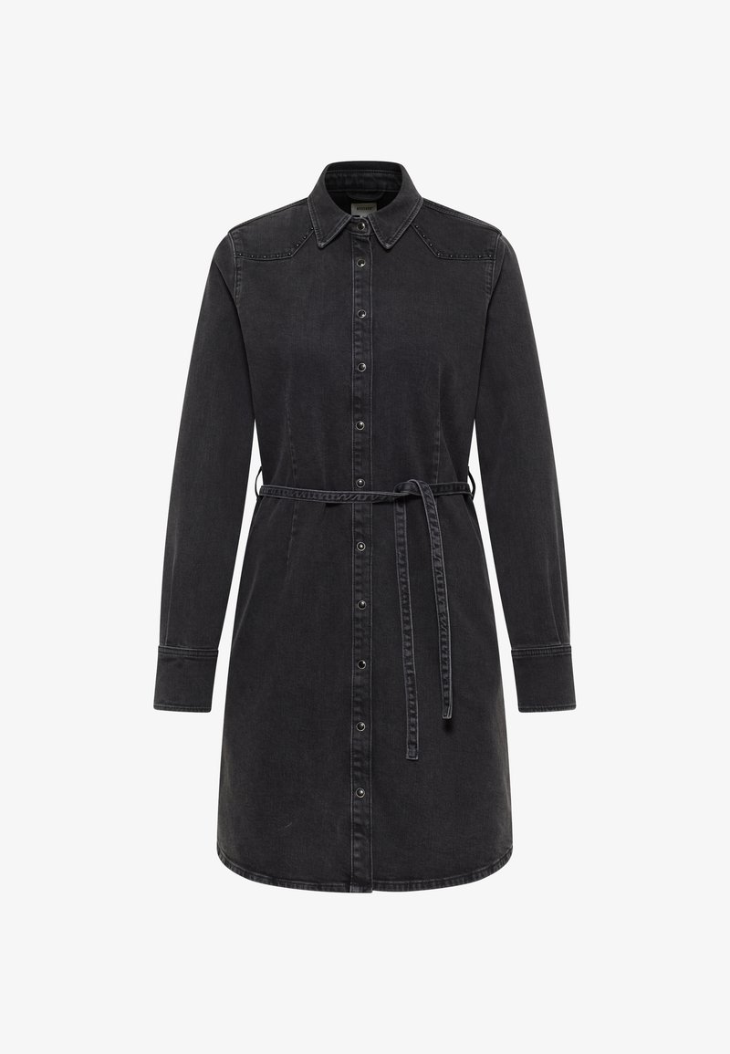 Must musta kleit pikkade varrukatega, nupuvajutustega ees, terava kaelusega ja sidumisega vööga. Omab kergeid õmblusaktsente.