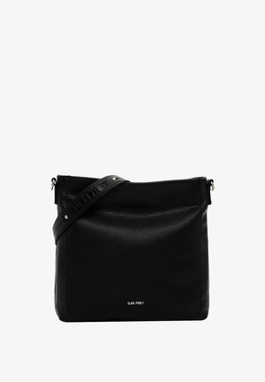 Schwarze Ledertasche mit Struktur, oberem Reißverschluss und verstellbarem Schultergurt mit eingeprägtem Branding.