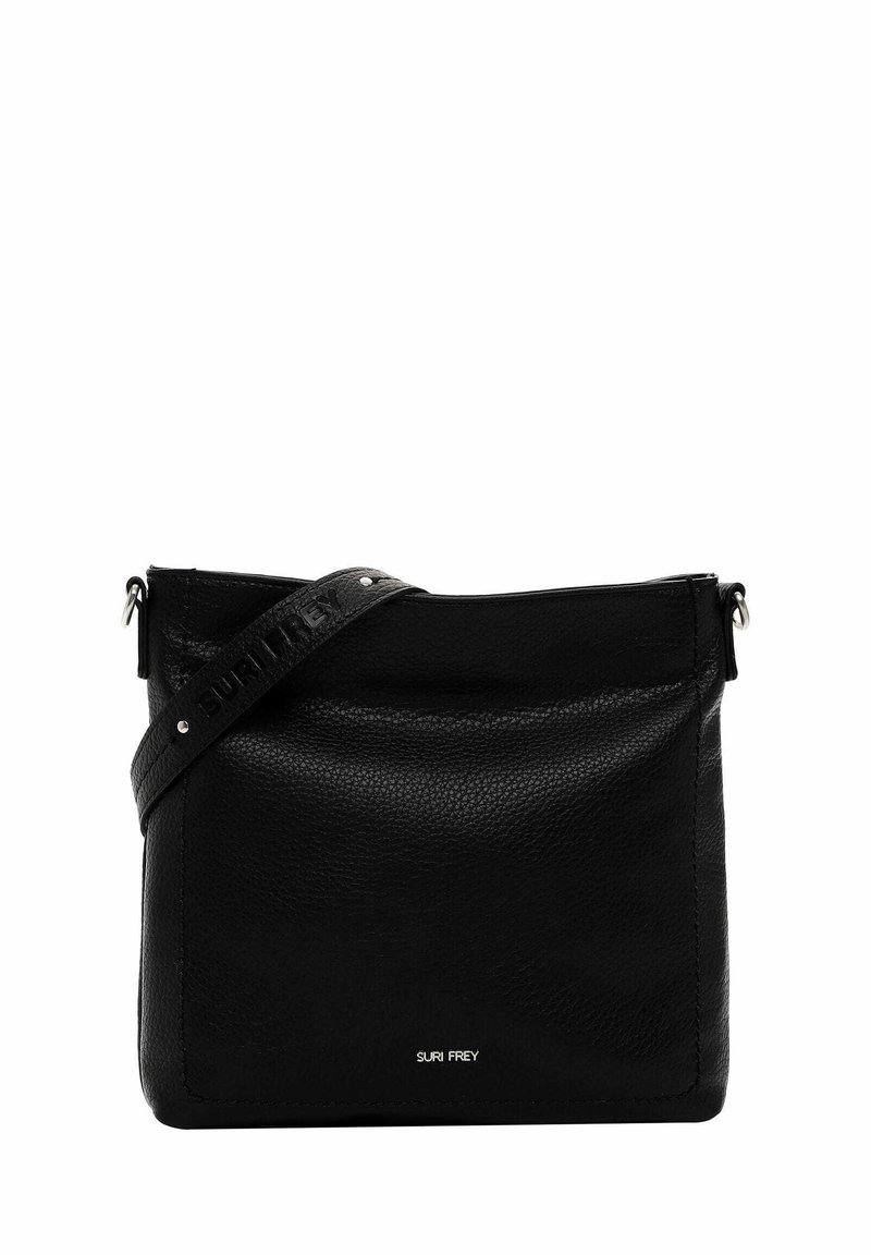 Schwarze Ledertasche mit Struktur, oberem Reißverschluss und verstellbarem Schultergurt mit eingeprägtem Branding.