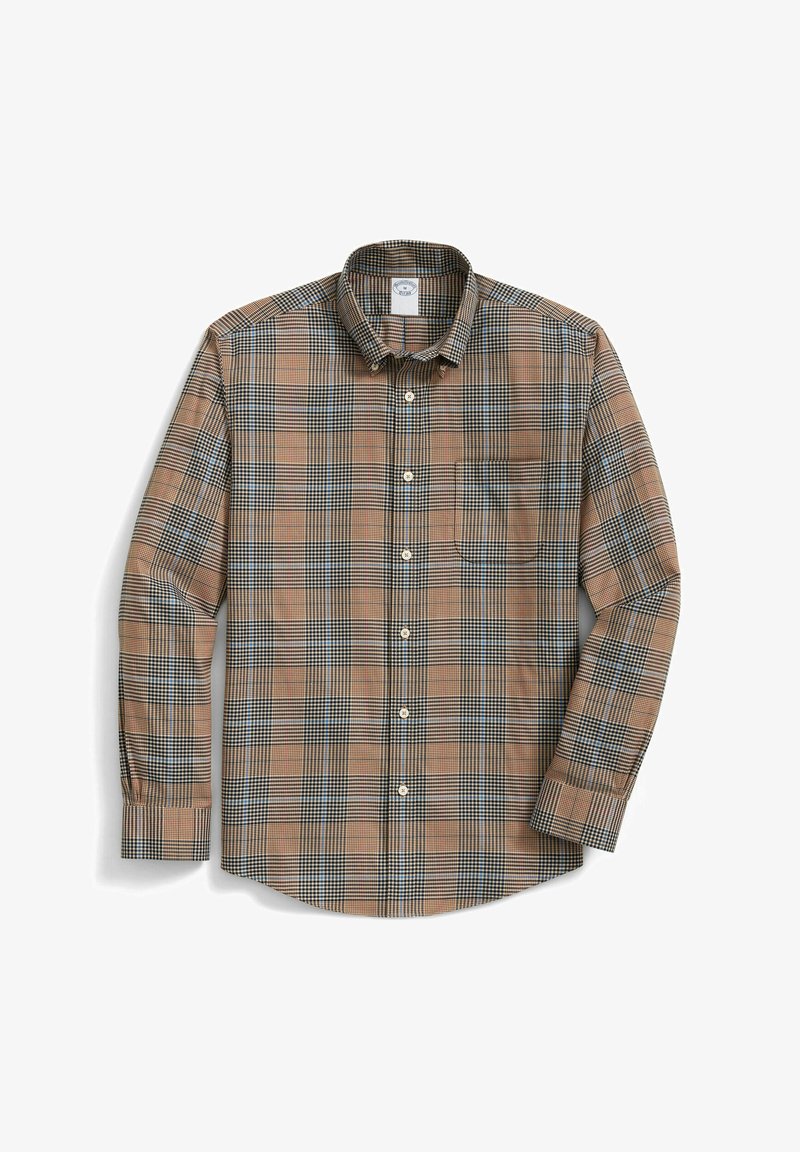 Geknoopte plaid shirt in bruin, zwart en blauw. Voorzien van een puntkraag, lange mouwen en één borstzak. Gemaakt van katoen, regular fit.