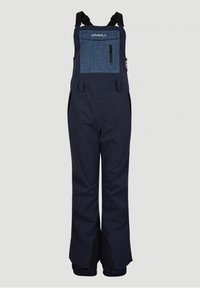 Granatowe wodoodporne ogrodniczki z kieszenią na piersi o fakturze denimu, regulowanymi ramiączkami i elastycznymi mankietami w okolicy kostek.