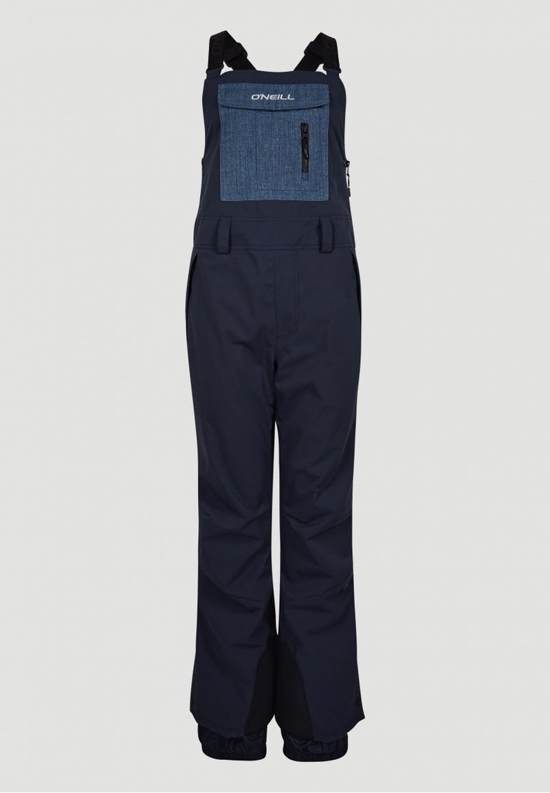 Granatowe wodoodporne ogrodniczki z kieszenią na piersi o fakturze denimu, regulowanymi ramiączkami i elastycznymi mankietami w okolicy kostek.