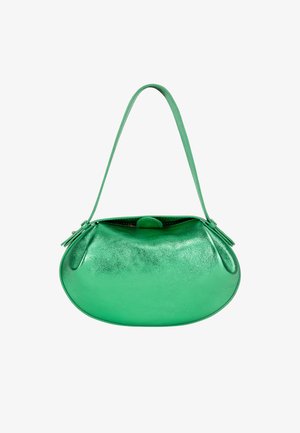 Borsa a mano verde metallica con forma arrotondata, texture liscia, manico corto e un sottile dettaglio di cucitura. Chiusura con zip e accenti decorativi.