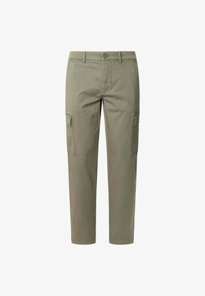Pantaloni cargo color khaki in misto cotone; presentano tasche laterali, gambe dritte e chiusura con bottone. Progettati per un abbigliamento casual e funzionale.