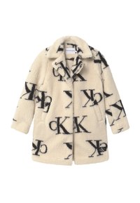 Cream faux fur coat with black logo patterns, featuring a notched collar, button closure, and side pockets. Soft, textured surface.