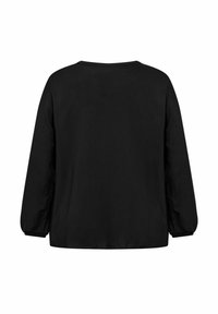 Maglietta nera a maniche lunghe con scollatura arrotondata, vestibilità ampia e polsini elasticizzati. Tessuto liscio, design minimalista, senza motivi o dettagli visibili.