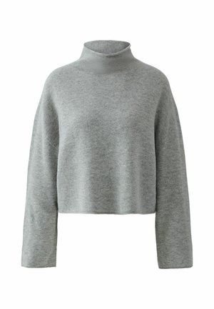 Grauer Rollkragenpullover aus weichem Strickstoff, mit einem verkürzten Design und langen, lässig geschnittenen Ärmeln.