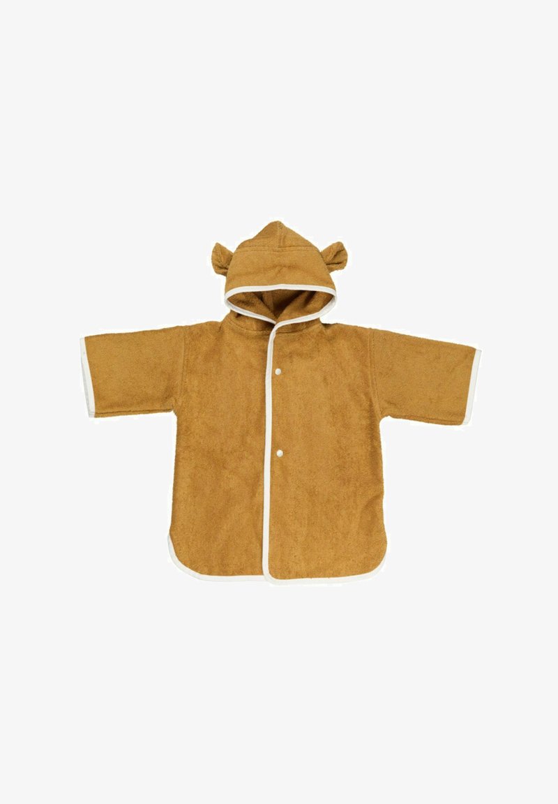 Brun frottéponcho med huva, prydd med björon, vita kanter och tryckknappar framtill. Korta ärmar, mjuk textur.