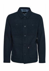 Dark blue, textured jacket with a collar, two chest pockets, and two side pockets. Front button closure and subtle branded accent.