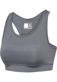 Grå sportbh i mjukt och stretchy material. Har en rund ringning, racerback-design och präglad "HUMMEL"-logotyp på framsidan.