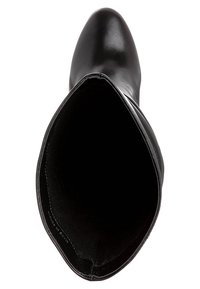 Botte noire en cuir montant jusqu'au genou vue de dessus, avec un bout arrondi et une finition lisse.