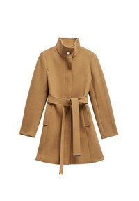 Cappotto in misto lana color sabbia con collo alto, chiusura frontale con bottoni, vita con cintura e due tasche laterali. Vestibilità dritta con maniche lunghe.