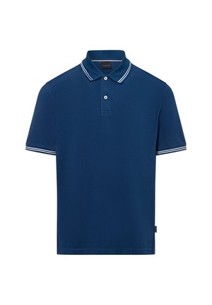 Navy-blaues Poloshirt aus Baumwolle mit klassischem Kragen und weißen Streifenakzenten sowie einer Knopfleiste mit drei Knöpfen. Kleines Logo auf der Brust.