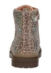 Leopardprint enkelboot met een textured stoffen bovenwerk, een bruine rubberen zool en een zijgesp voor extra detail.