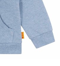 Light blue sweatshirt featuring a kangaroo pocket, ribbed cuffs, and a fabric tag with brand logo. Soft texture, casual design.