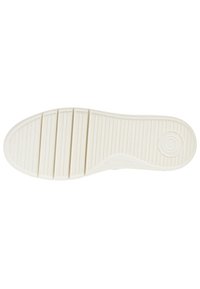 Suola di scarpa chiara con gomma testurizzata. Presenta righe orizzontali e un dettaglio con logo circolare vicino al tallone.