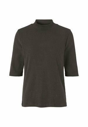 Mørk olivengrøn kortærmet striktop med mock neck krave, lige kant og ribstrikket stofstruktur.