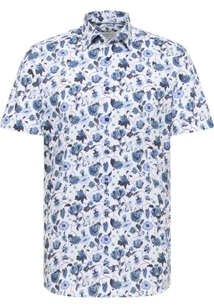 Hvid kortærmet skjorte med knapper, med et blåt og sort blomstermønster og en klassisk krave.