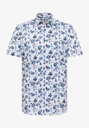 Wit overhemd met korte mouwen, knoopsluiting en een blauw-zwart bloemmotief, voorzien van een klassieke kraag.