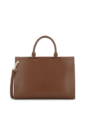 Rjava pravokotna usnjena torbica z dvema ročajema in snemljivim naramnim trakom z zlatim zapahom na belem ozadju.