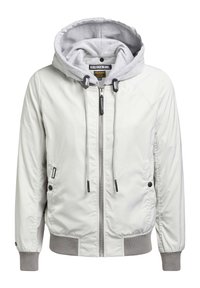 Veste zippée gris clair avec capuche grise, cordons, poignets et ourlet côtelés, poches avant avec boutons-pression et étiquette de marque à l'intérieur du col.