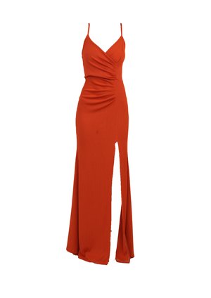Ribbed, floor-length dress in bright orange with thin straps, a gathered bodice, and a high side slit. Smooth texture with a fitted silhouette.