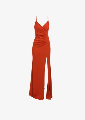 Ribbed, floor-length dress in bright orange with thin straps, a gathered bodice, and a high side slit. Smooth texture with a fitted silhouette.