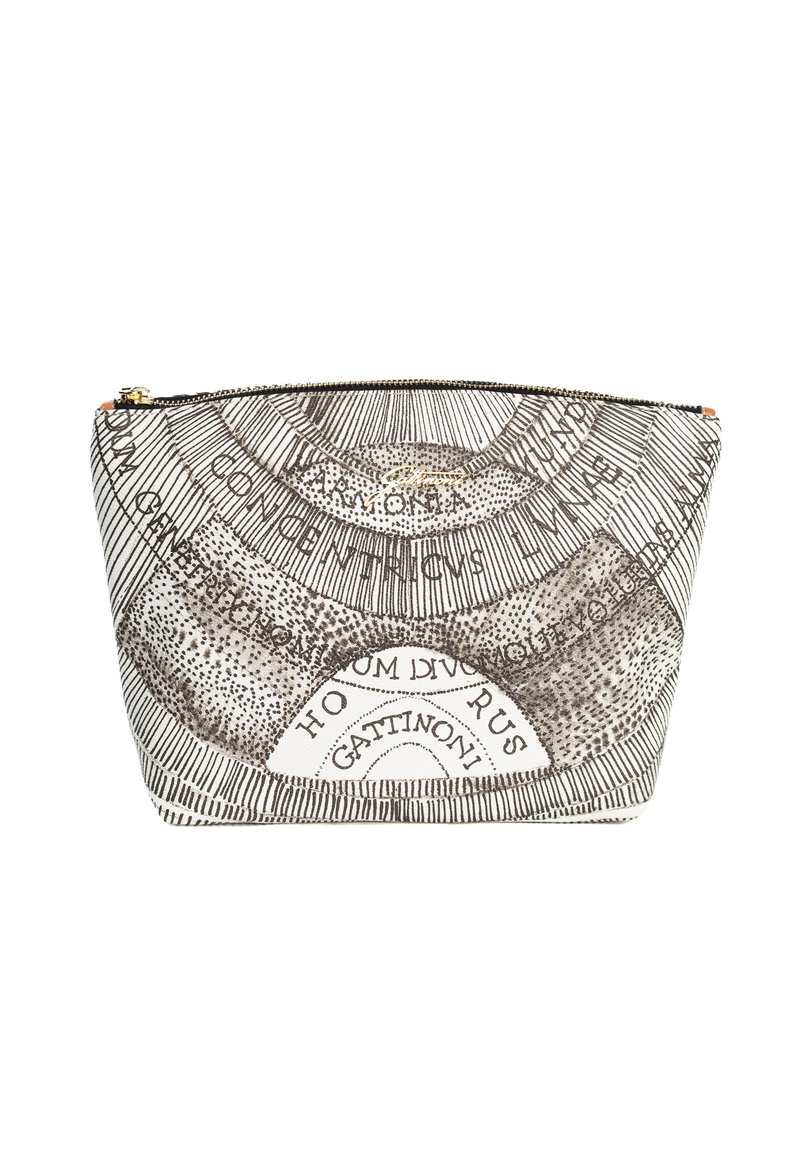 Pochette bianca con stampa dettagliata nera che presenta motivi concentrici e testo. Texture liscia, interno foderato, accessori in metallo dorato.
