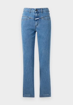 Lyseblå denimjeans med rett ben, høy midje og to frontlommer. Har knappelukking og merkede detaljer nær sømmen.