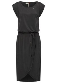 Schwarzes Kleid aus glattem Stoff, mit Rundhalsausschnitt, kurzen Ärmeln, tailliertem Bund und einem Wickelrock mit abgerundetem Saum.