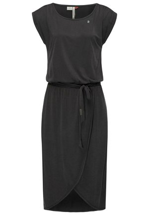 Schwarzes Kleid aus glattem Stoff, mit Rundhalsausschnitt, kurzen Ärmeln, tailliertem Bund und einem Wickelrock mit abgerundetem Saum.