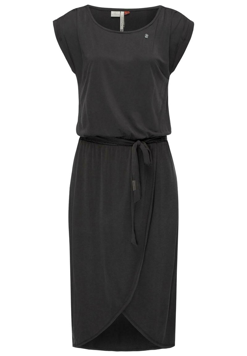Schwarzes Kleid aus glattem Stoff, mit Rundhalsausschnitt, kurzen Ärmeln, tailliertem Bund und einem Wickelrock mit abgerundetem Saum.