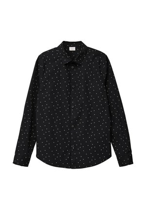 Zwarte overhemden met puntige kraag, voorzien van kleine witte driehoekige patronen. Lange mouwen met knoopmanchetten. Gladde stofstructuur.