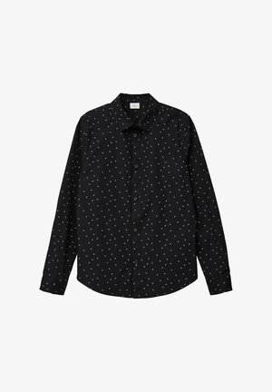 Zwart overhemd met knopen, voorzien van een driehoekig patroon in beige, met een klassieke kraag en lange mouwen. De stof lijkt glad en lichtgewicht.