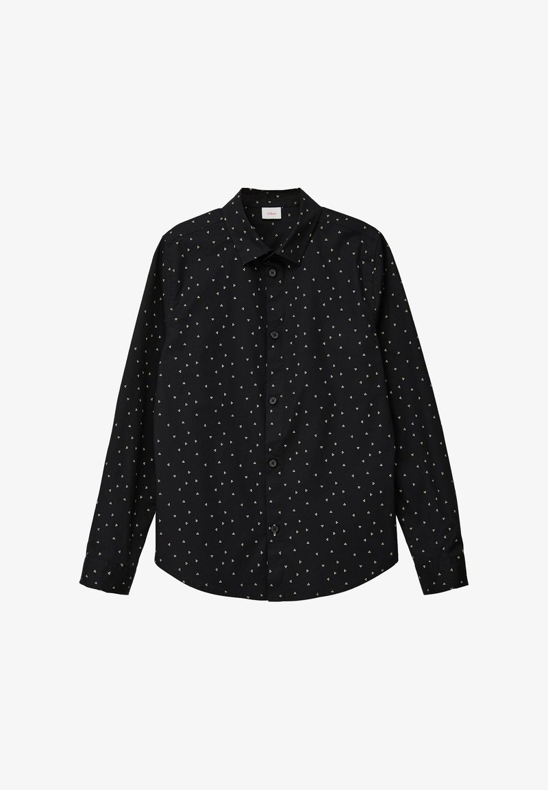 Schwarzes Hemd mit Knöpfen und spitzem Kragen, mit kleinen weißen dreieckigen Mustern. Lange Ärmel mit Knopfmanschetten. Glatte Stofftextur.