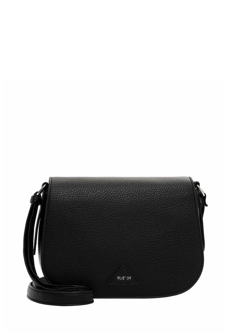 Black leather crossbody bag with a textured surface, rounded flap, adjustable strap, and triangular logo patch. Compact and functional design.